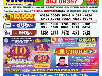 Dear lottery 1 PM Results 16.01.2026